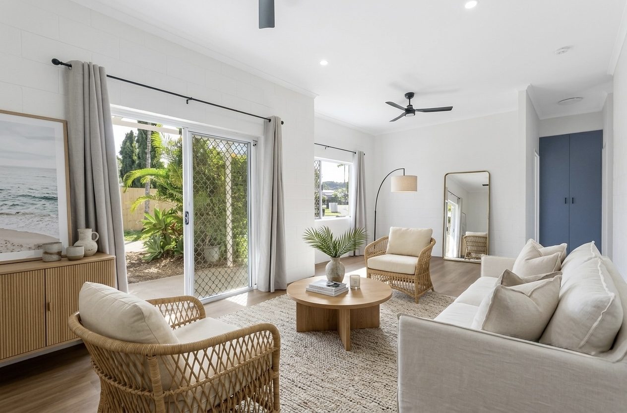 Living room after virtual staging, furnished and styled