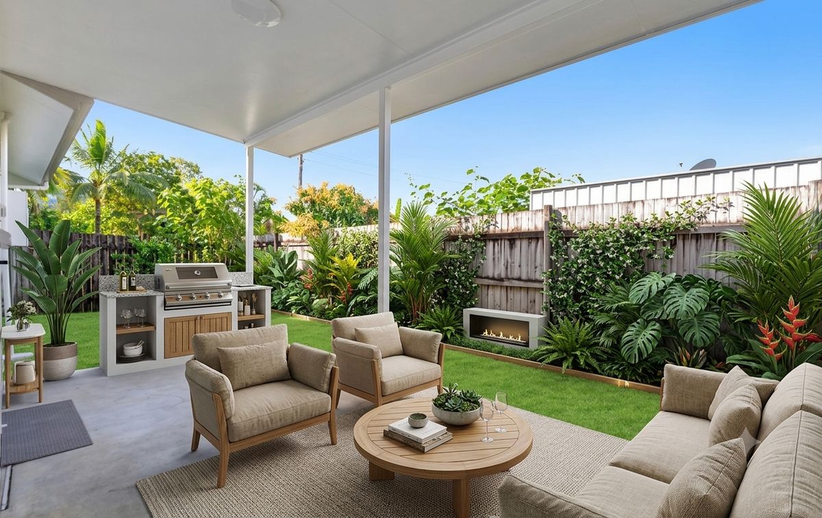 Staged outdoor patio and entertaining area