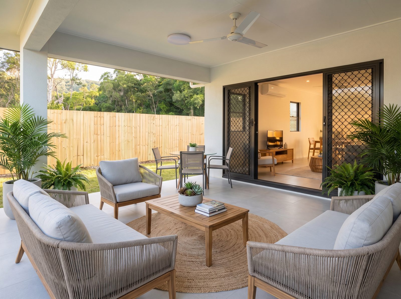 Patio after styling, staged with warm interior lounge lighting